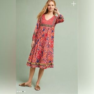 Anthro RD & Koko Trimmed Peasant Dress Boho Floral Midi L